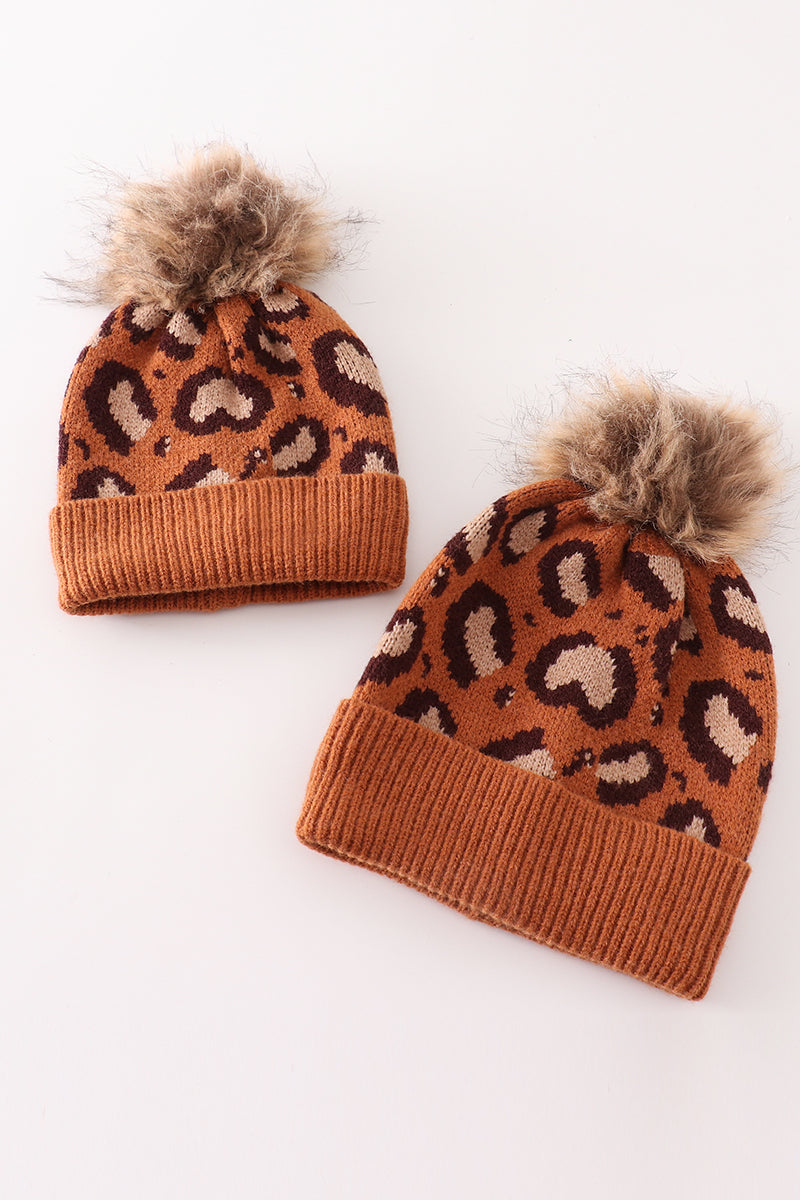 Brown pompom leopard cable beanie hat - Aaria Tees Aaria Tees