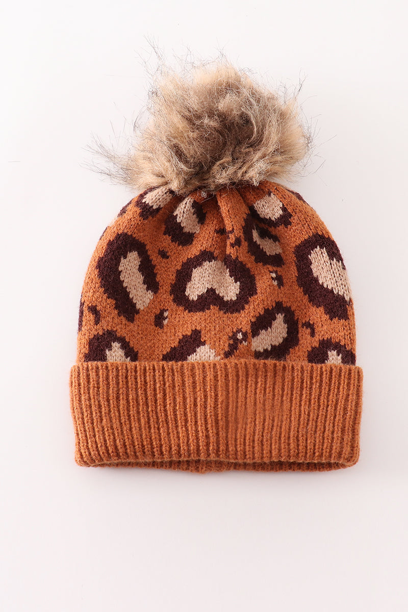 Brown pompom leopard cable beanie hat - Aaria Tees Aaria Tees