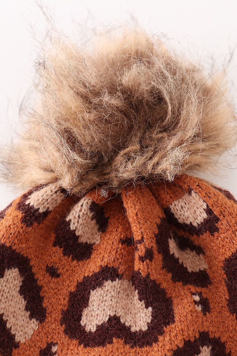 Brown pompom leopard cable beanie hat - Aaria Tees Aaria Tees