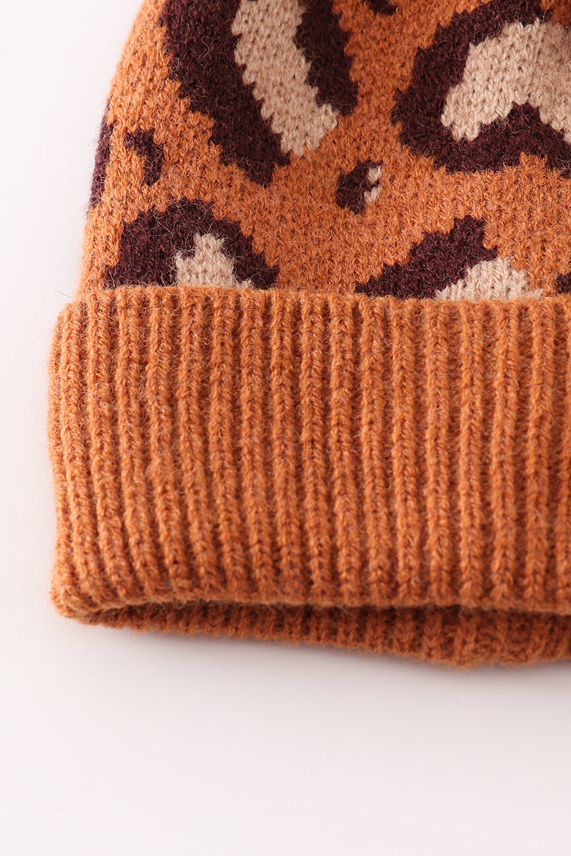 Brown pompom leopard cable beanie hat - Aaria Tees Aaria Tees