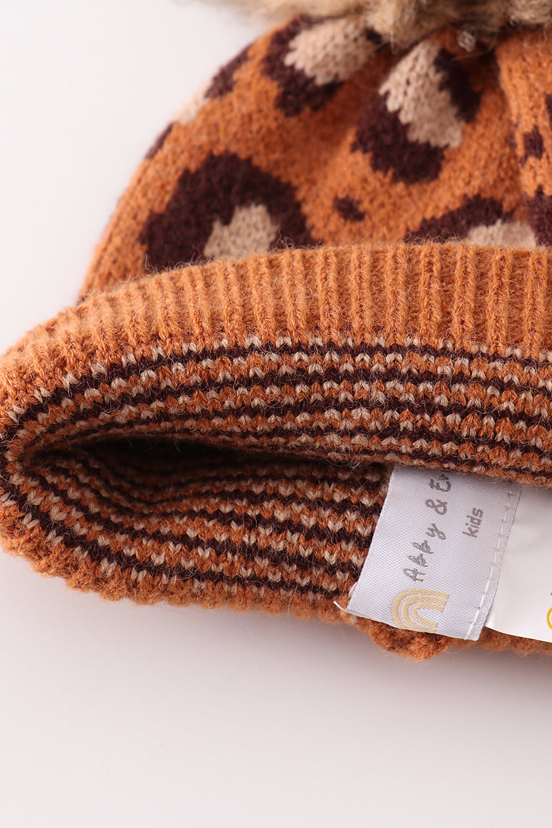 Brown pompom leopard cable beanie hat - Aaria Tees Aaria Tees