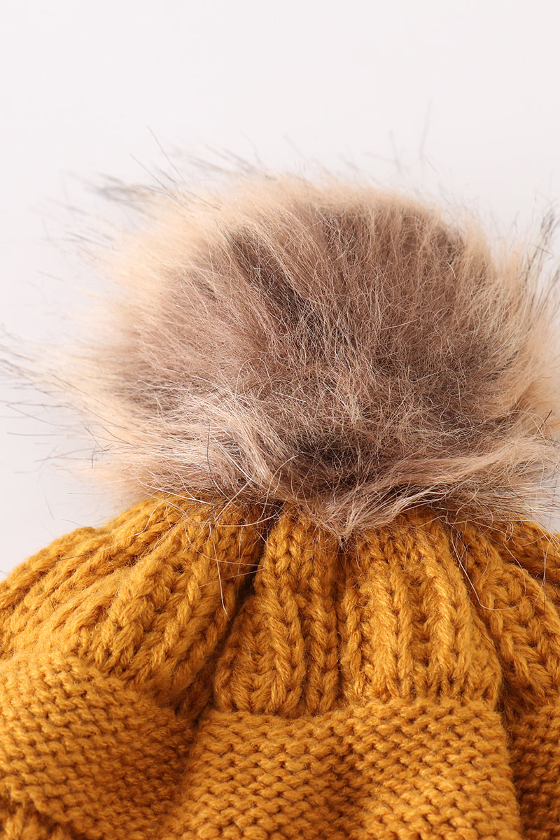 Mustard pompom cable beanie hat - Aaria Tees Aaria Tees