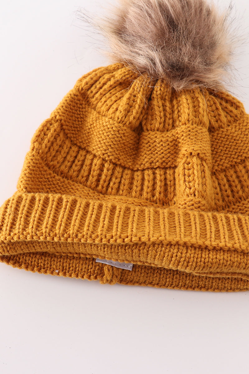 Mustard pompom cable beanie hat - Aaria Tees Aaria Tees