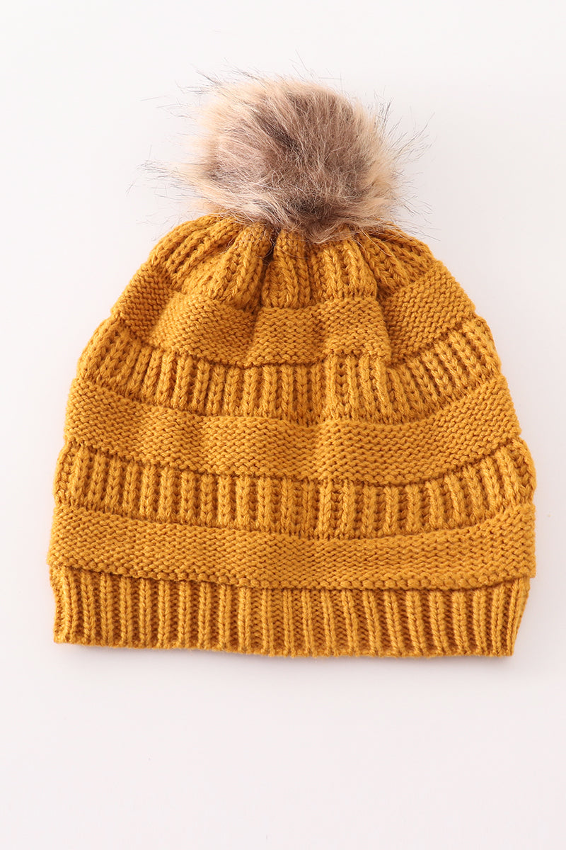 Mustard pompom cable beanie hat - Aaria Tees Aaria Tees