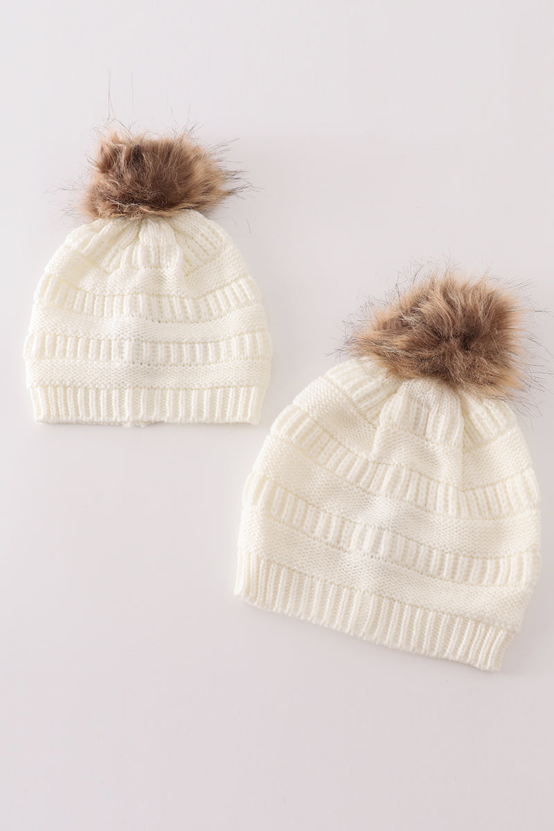 Ivory pompom cable beanie hat - Aaria Tees Aaria Tees