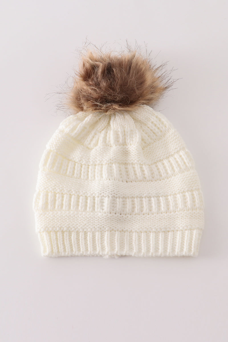 Ivory pompom cable beanie hat - Aaria Tees Aaria Tees