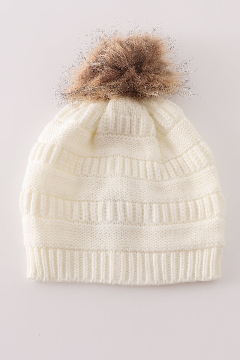 Ivory pompom cable beanie hat - Aaria Tees Aaria Tees