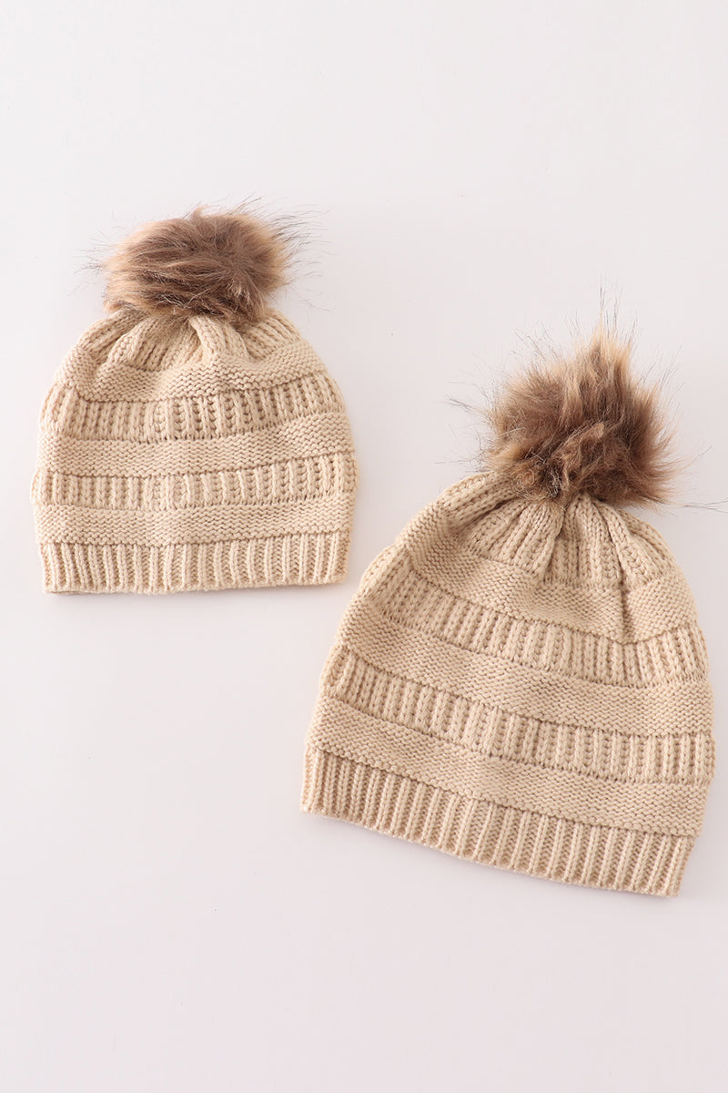 Beige pompom cable beanie hat - Aaria Tees