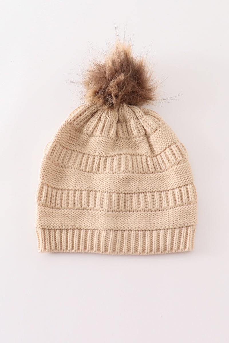 Beige pompom cable beanie hat - Aaria Tees Aaria Tees