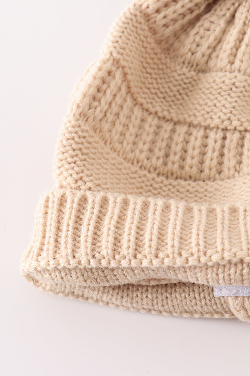 Beige pompom cable beanie hat - Aaria Tees Aaria Tees
