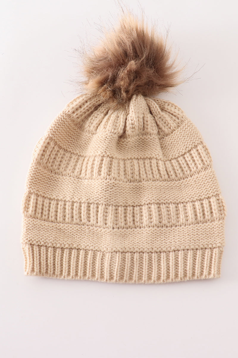 Beige pompom cable beanie hat - Aaria Tees Aaria Tees