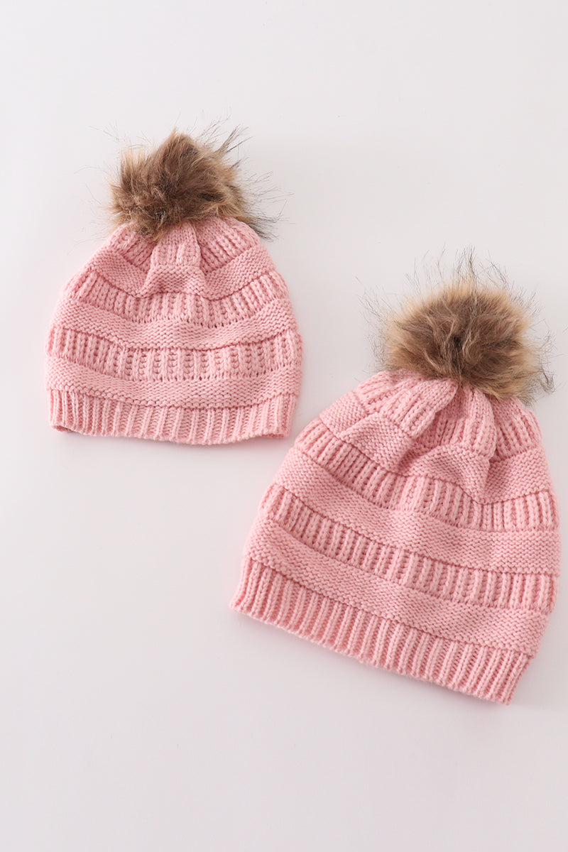 Pink pompom cable beanie hat - Aaria Tees Aaria Tees