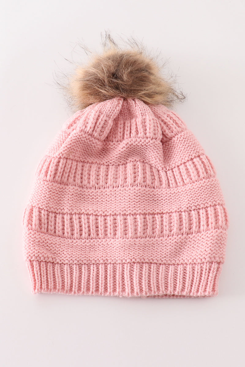 Pink pompom cable beanie hat - Aaria Tees Aaria Tees
