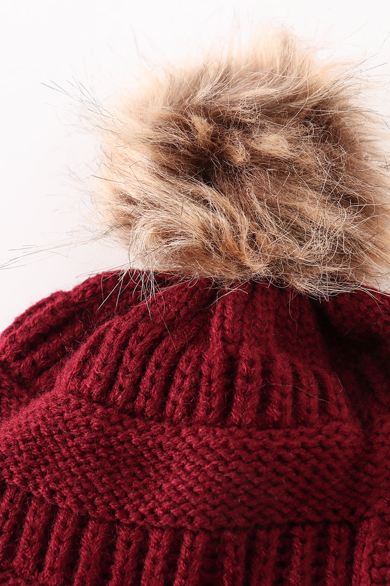 Burgundy pompom cable beanie hat - Aaria Tees Aaria Tees
