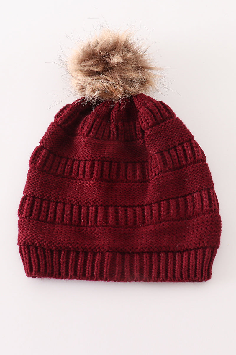 Burgundy pompom cable beanie hat - Aaria Tees Aaria Tees