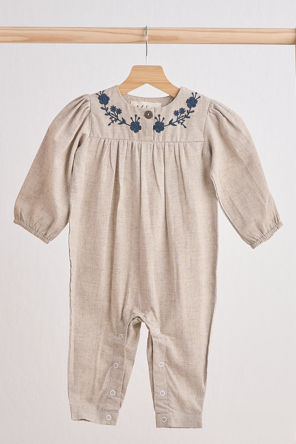Grey floral embroidery linen girl romper - Aaria Tees