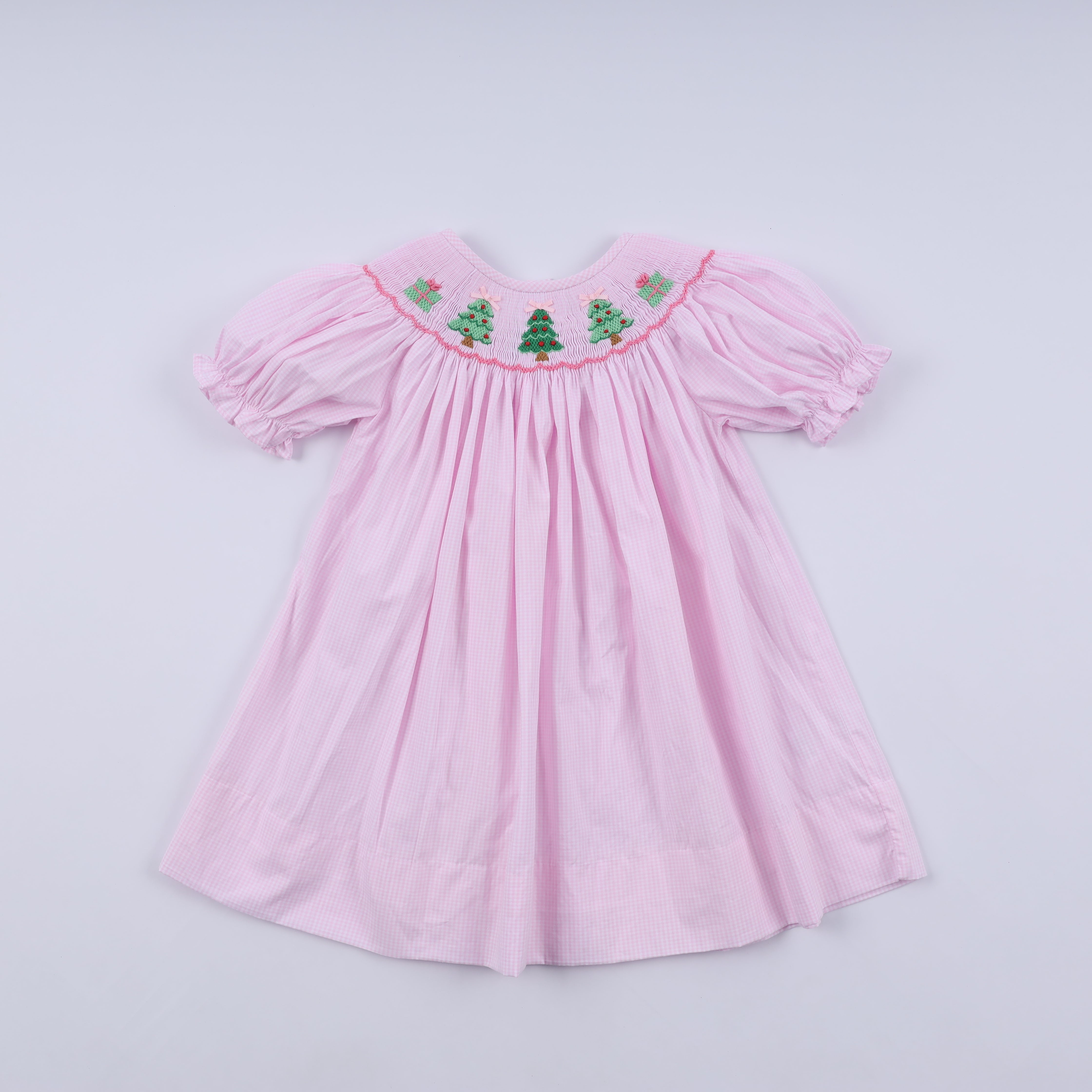 Pink christmas tree hand smocked dress - Aaria Tees Aaria Tees