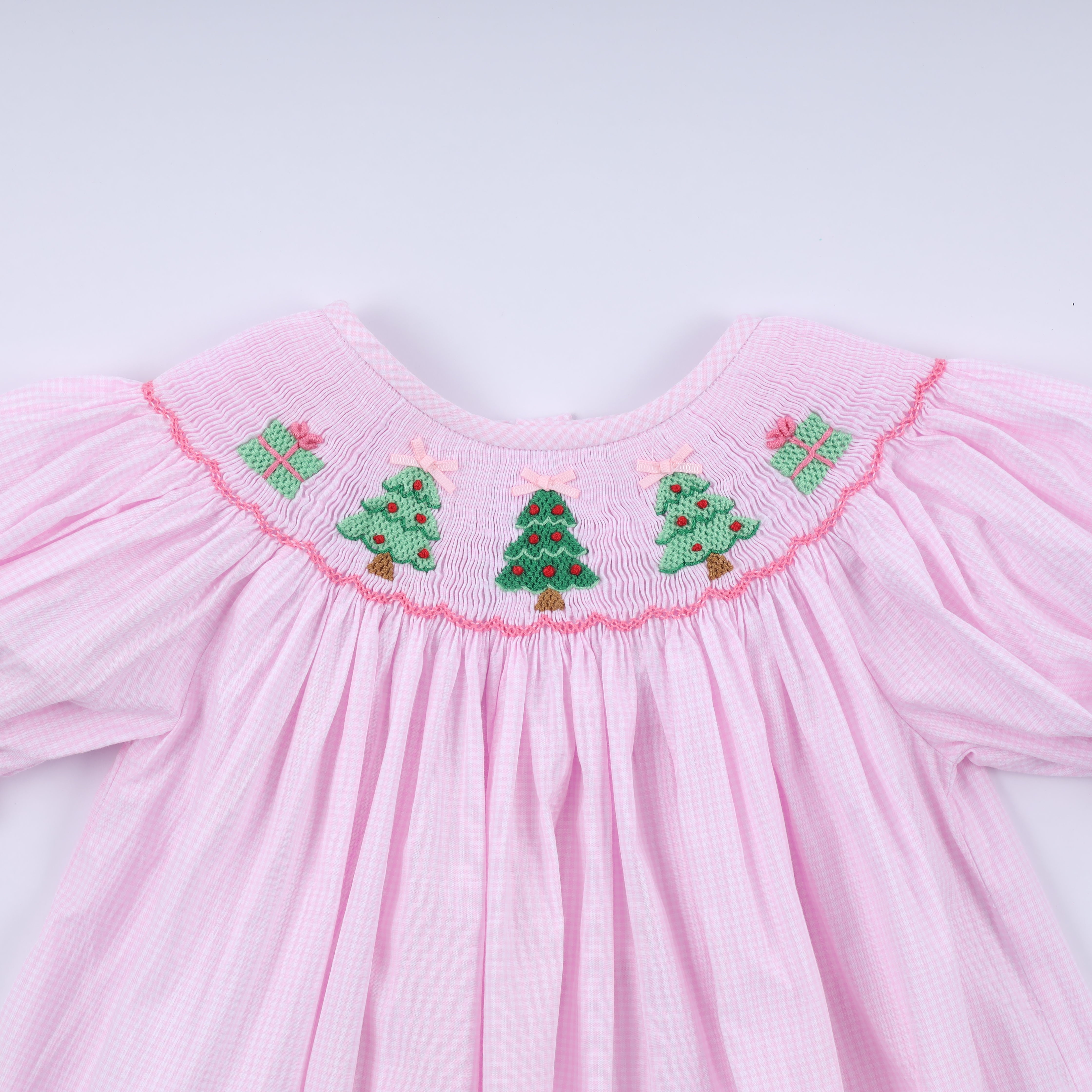 Pink christmas tree hand smocked dress - Aaria Tees Aaria Tees
