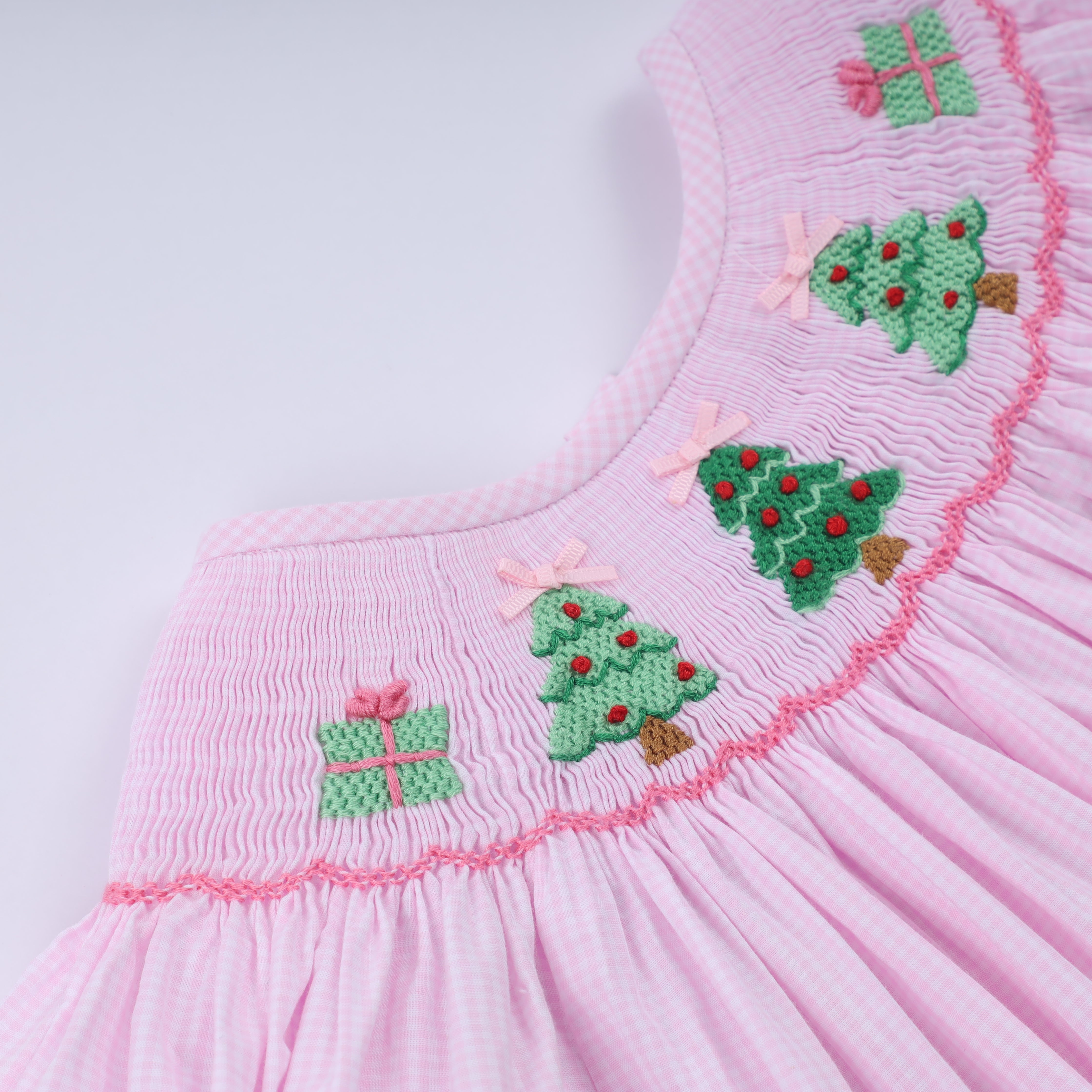 Pink christmas tree hand smocked dress - Aaria Tees Aaria Tees