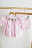 Pink christmas tree hand smocked bloomer set - Aaria Tees Aaria Tees