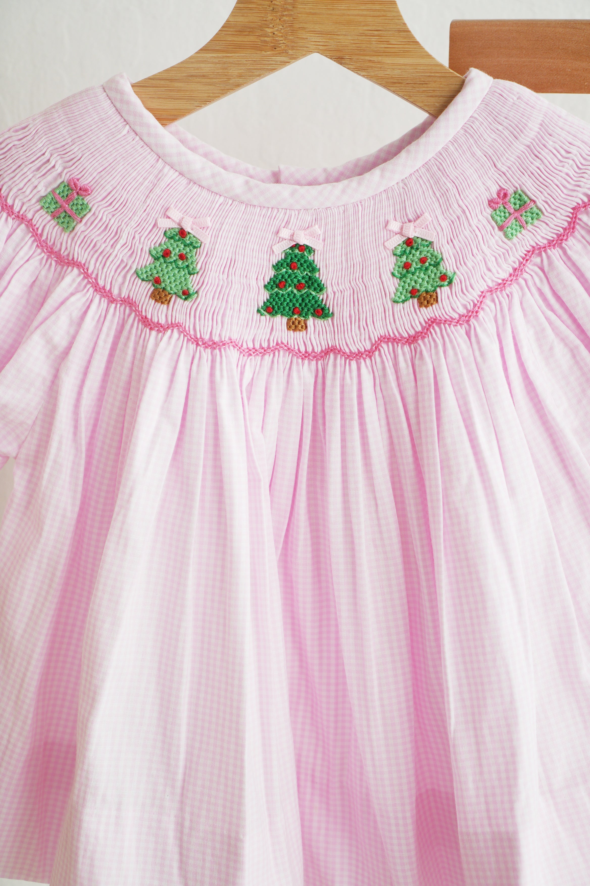 Pink christmas tree hand smocked bloomer set - Aaria Tees Aaria Tees