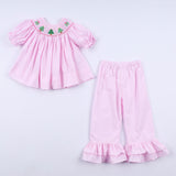 Pink christmas tree hand smocked ruffle pants set - Aaria Tees Aaria Tees