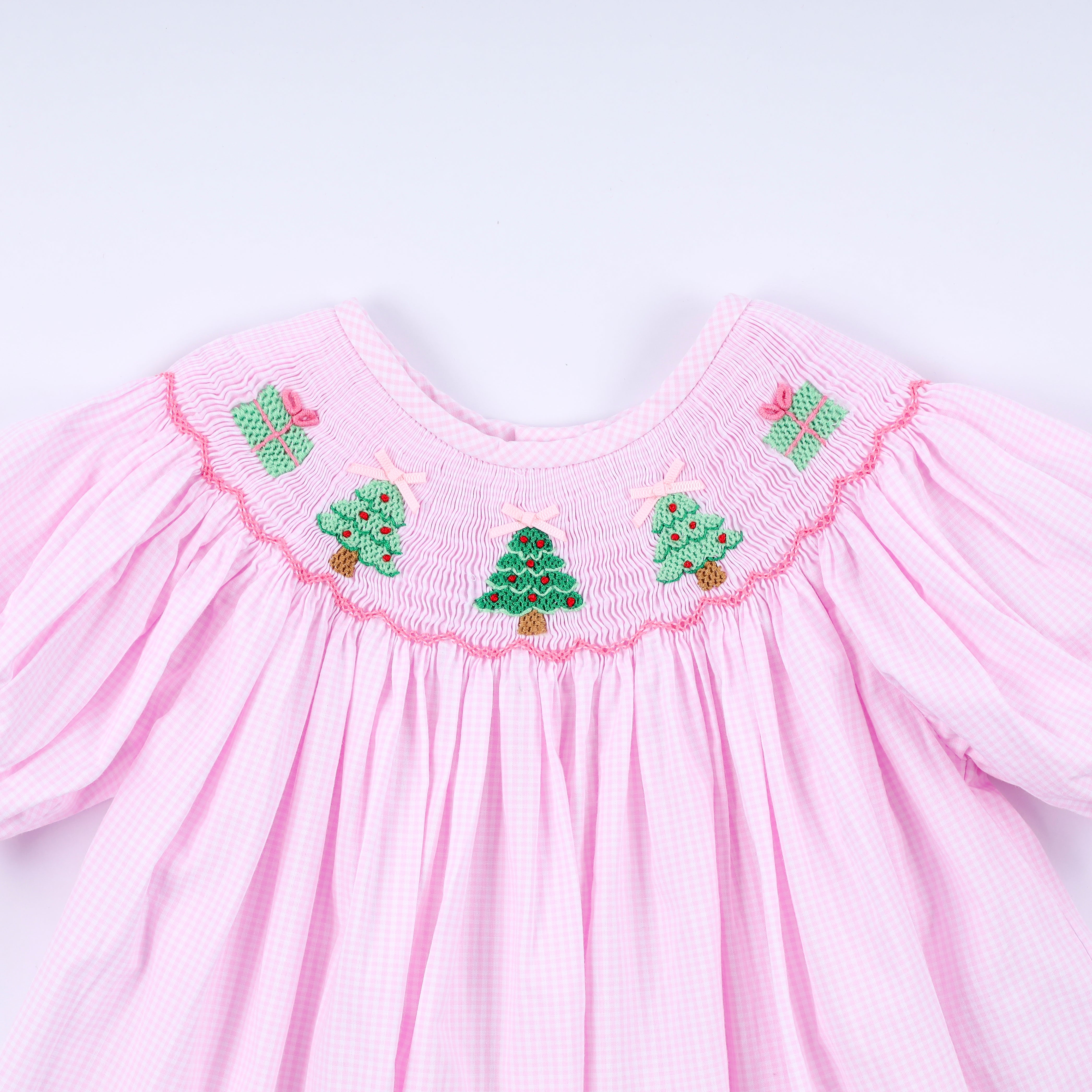 Pink christmas tree hand smocked ruffle pants set - Aaria Tees Aaria Tees