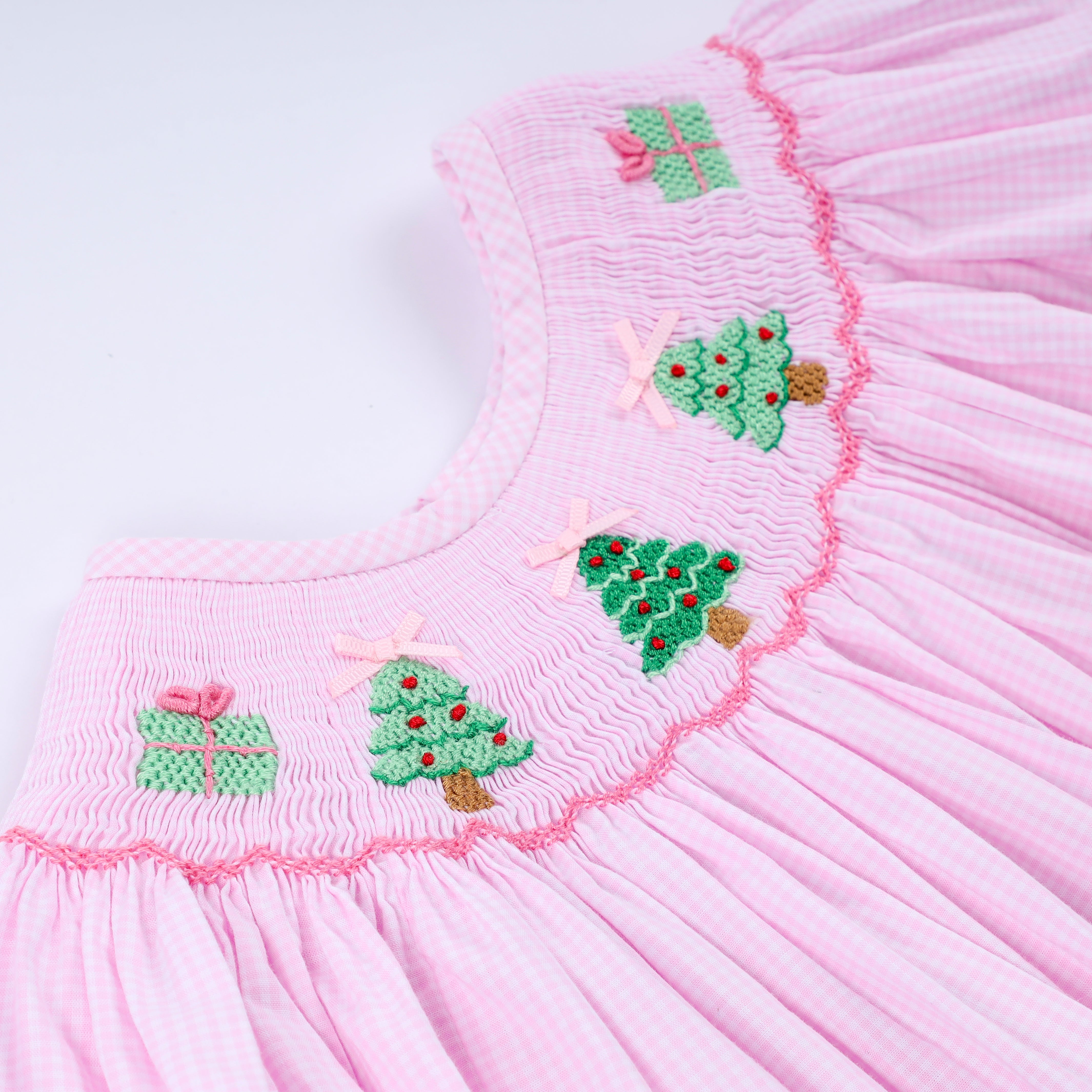 Pink christmas tree hand smocked ruffle pants set - Aaria Tees Aaria Tees