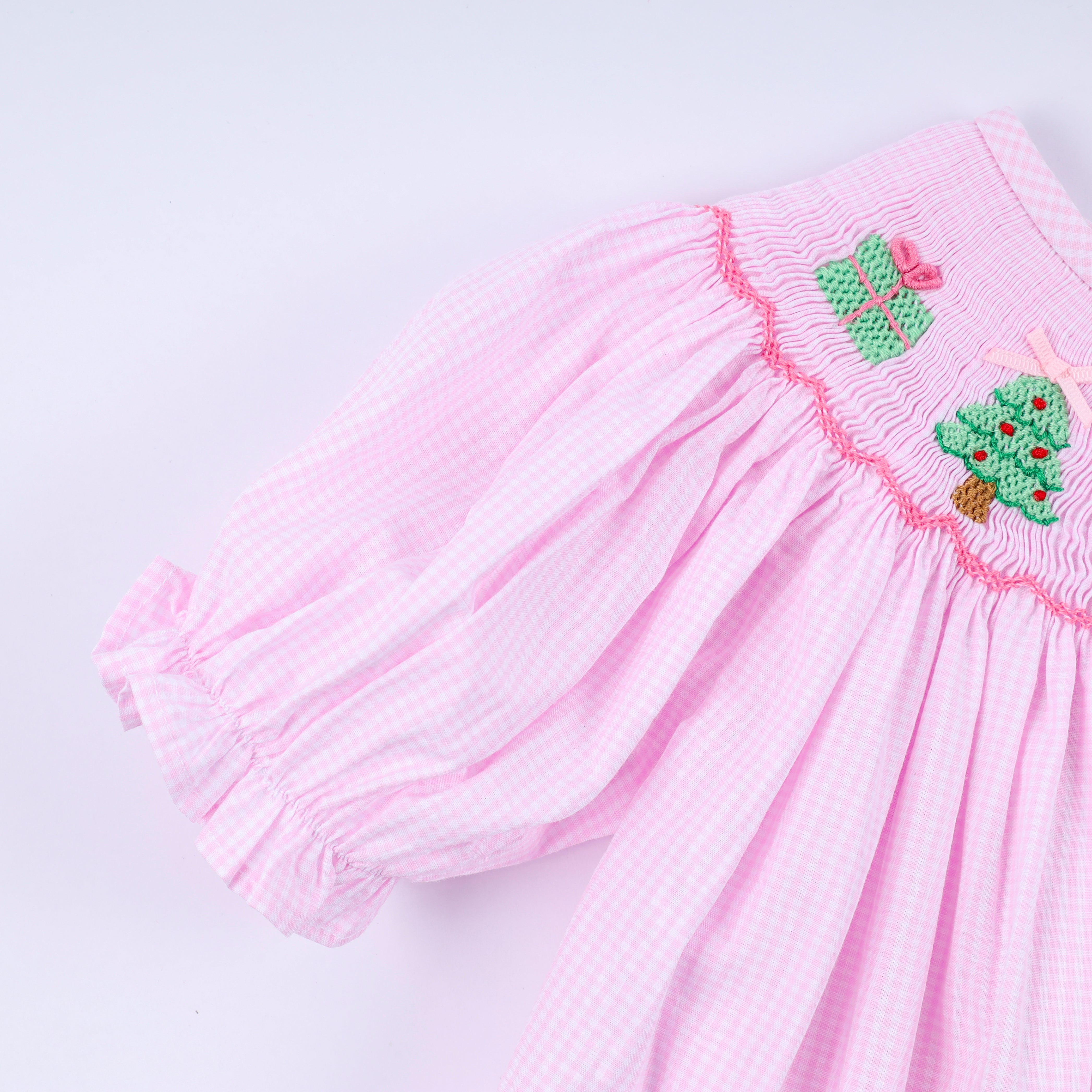 Pink christmas tree hand smocked ruffle pants set - Aaria Tees Aaria Tees