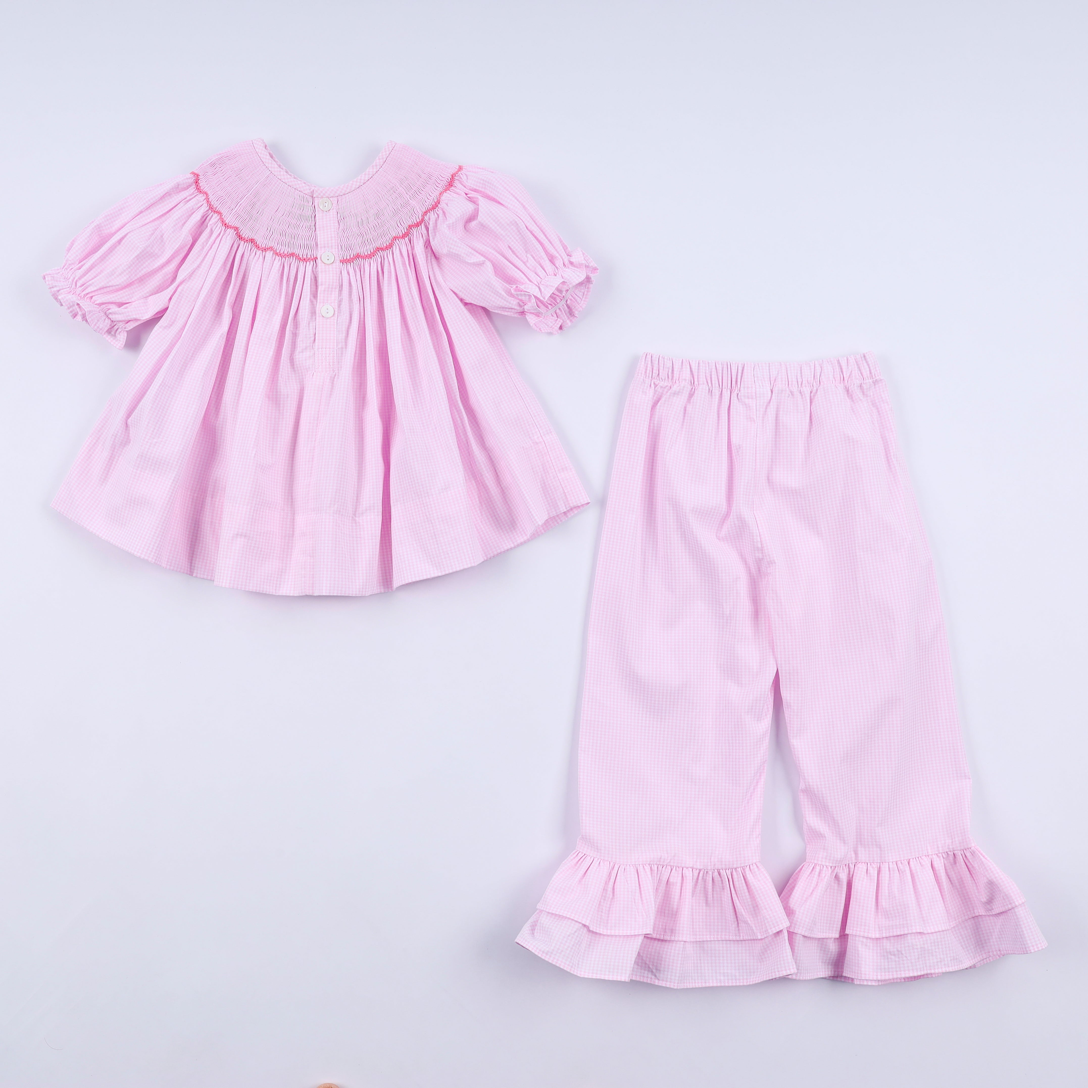 Pink christmas tree hand smocked ruffle pants set - Aaria Tees Aaria Tees