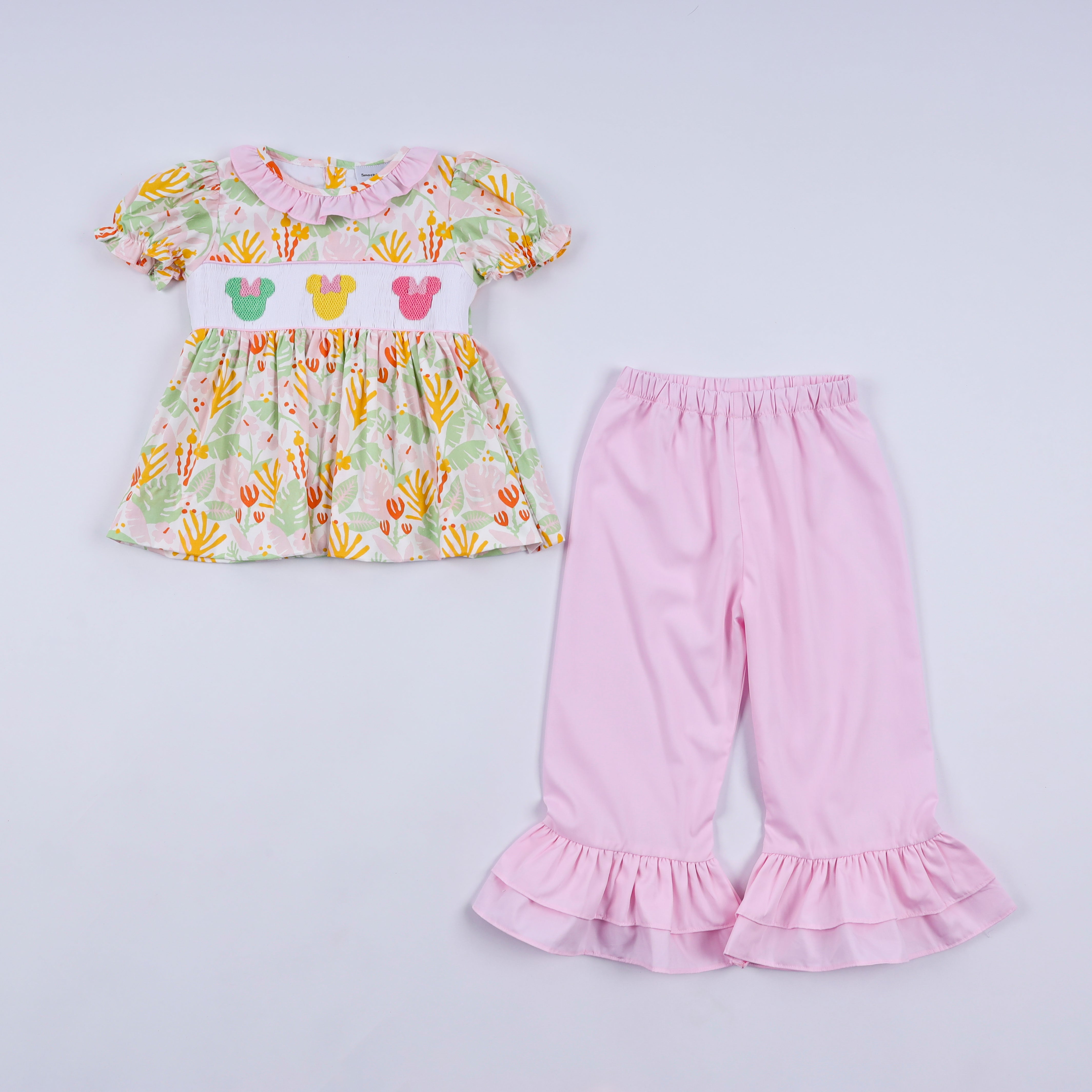 Sweet island character hand smocked ruffle pants set - Aaria Tees Aaria Tees