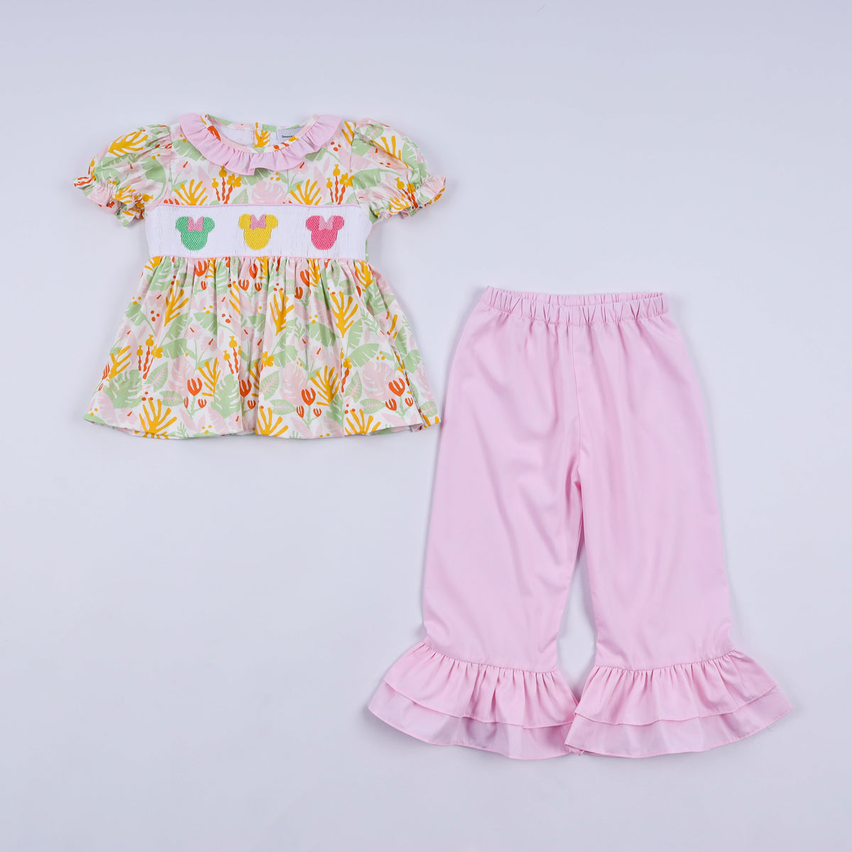 Sweet island character hand smocked ruffle pants set - Aaria Tees