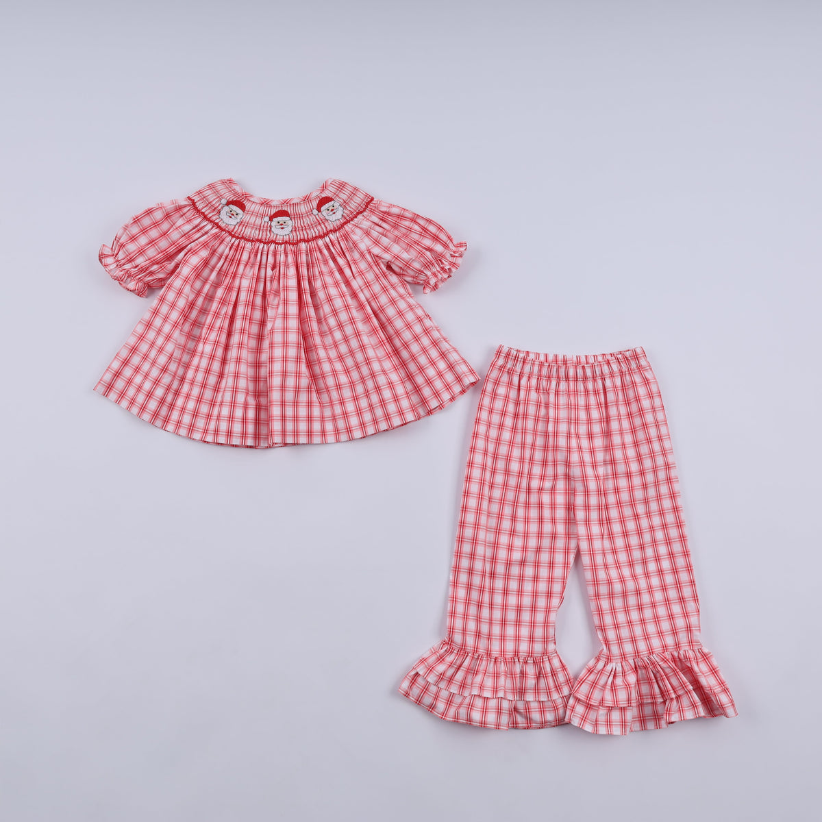 Red christmas santa claus hand smocked plaid ruffle pants set - Aaria Tees