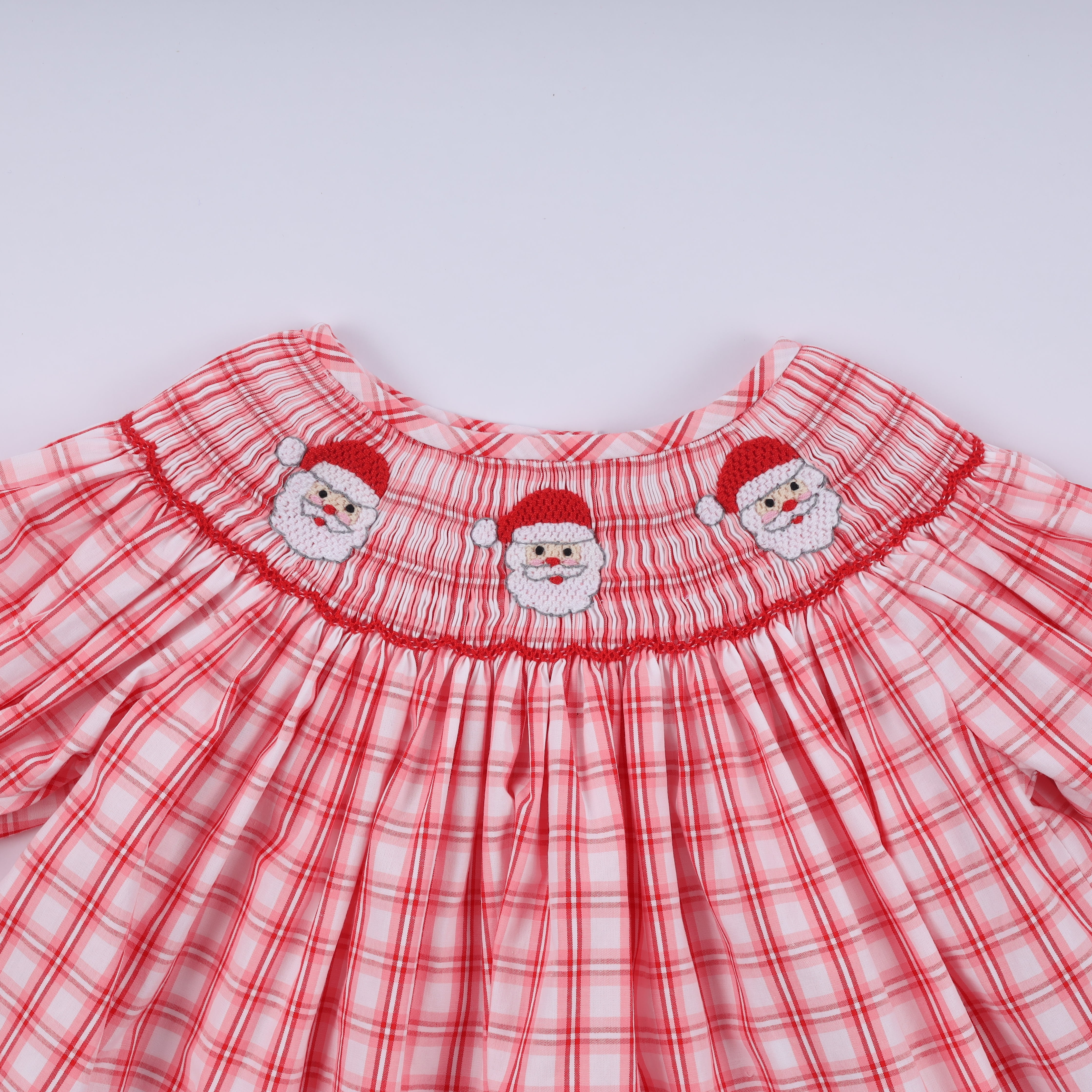 Red christmas santa claus hand smocked plaid ruffle pants set - Aaria Tees Aaria Tees