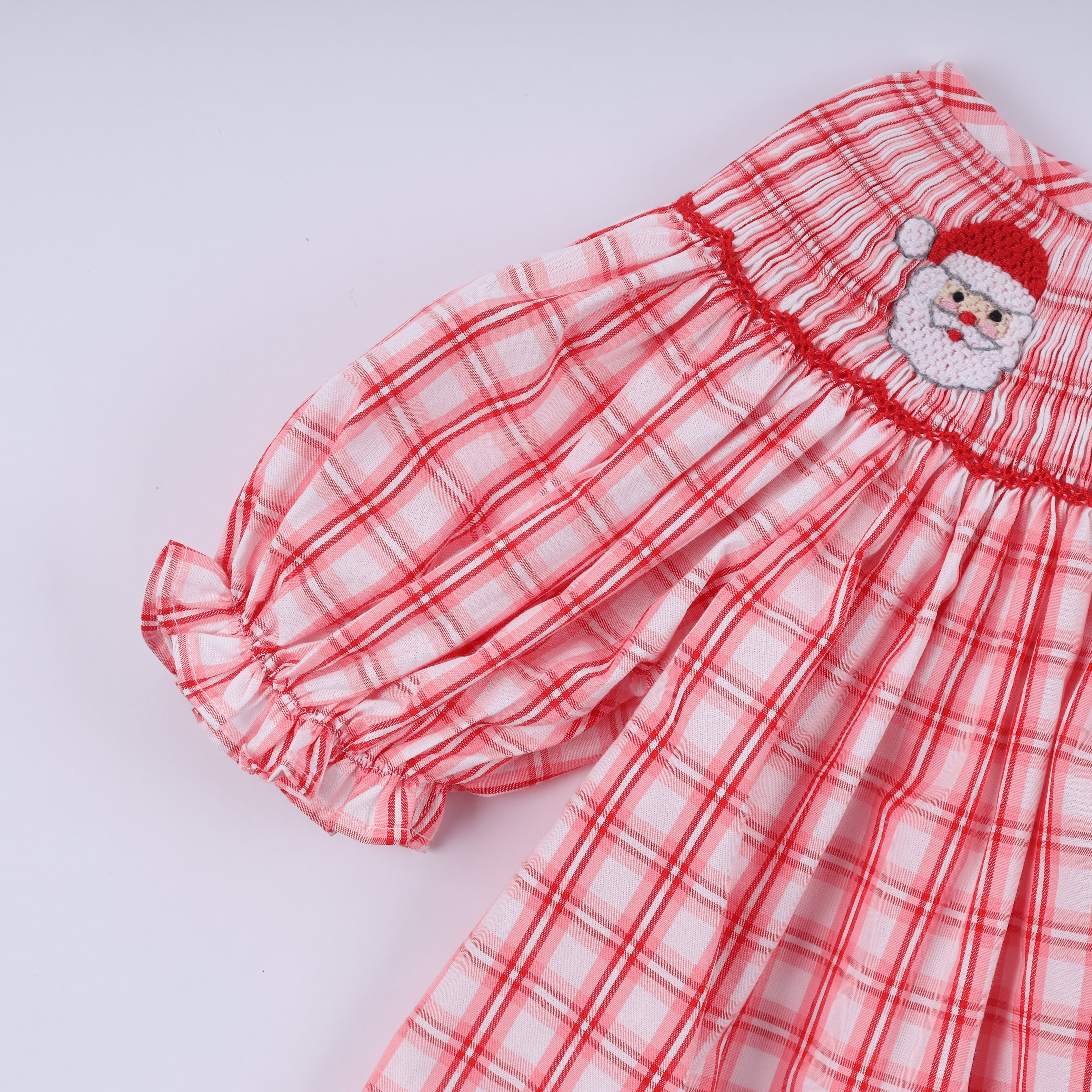 Red christmas santa claus hand smocked plaid ruffle pants set - Aaria Tees Aaria Tees