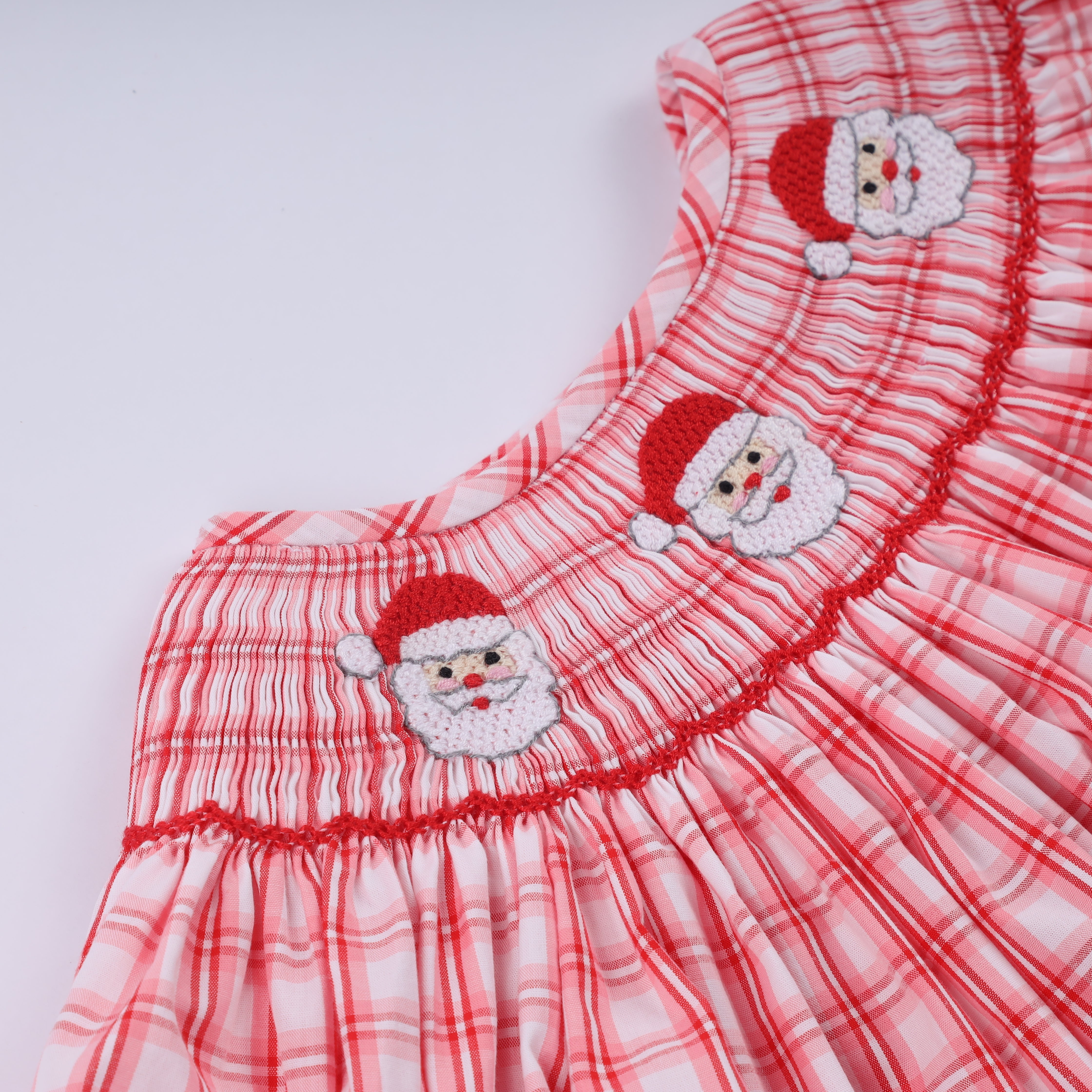 Red christmas santa claus hand smocked plaid ruffle pants set - Aaria Tees Aaria Tees