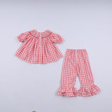 Red christmas santa claus hand smocked plaid ruffle pants set - Aaria Tees Aaria Tees