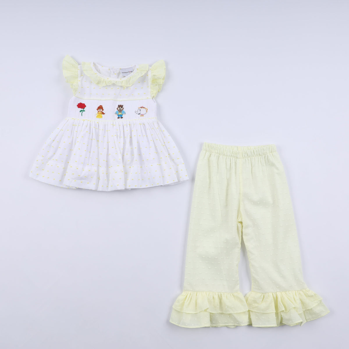 Mustard character hand smocked ruffle pants set - Aaria Tees