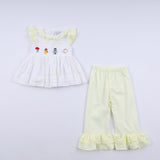 Mustard character hand smocked ruffle pants set - Aaria Tees Aaria Tees