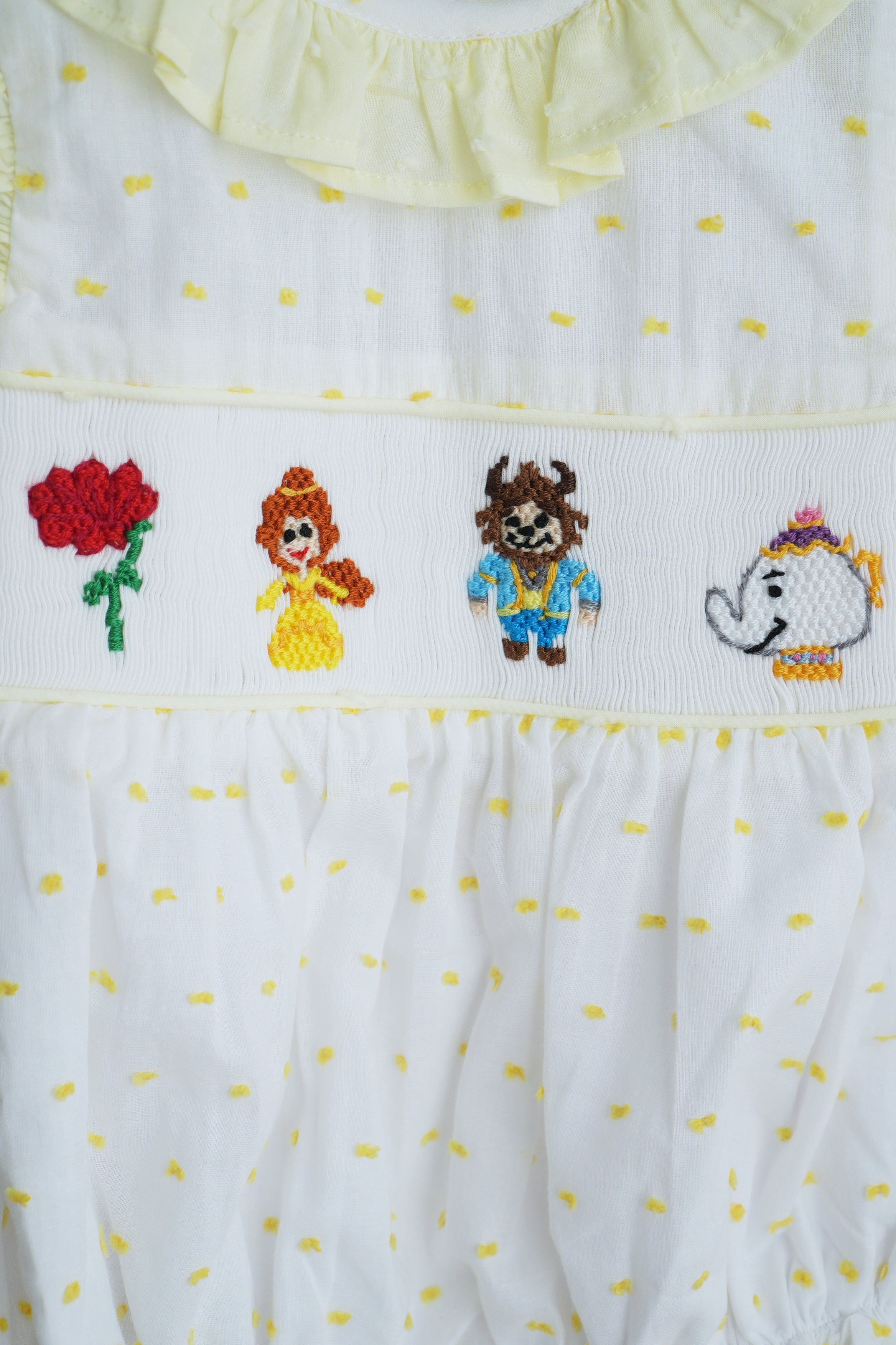 Mustard character hand smocked ruffle bubble - Aaria Tees Aaria Tees