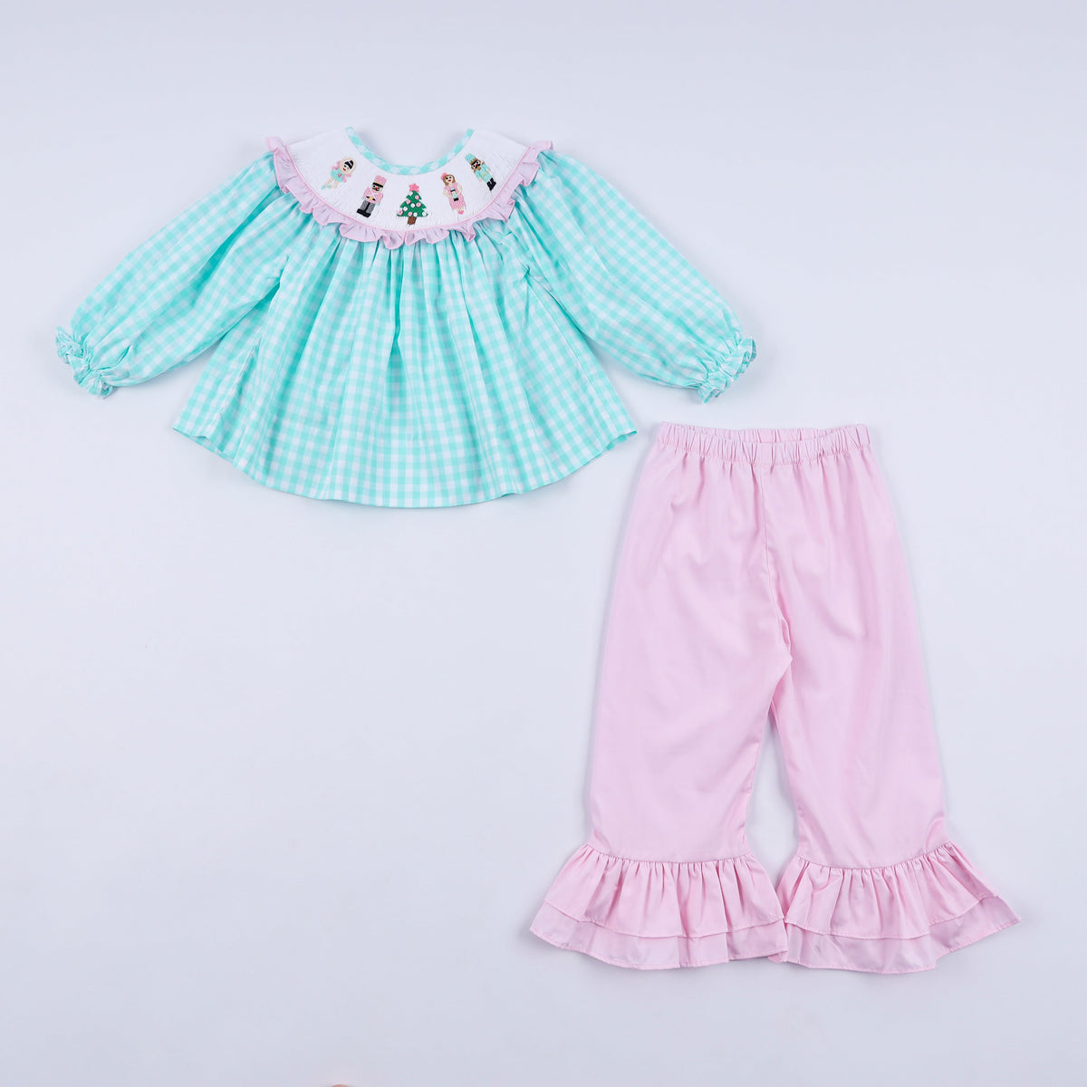 Mint christmas nutcracker hand smocked gingham ruffle pants set - Aaria Tees