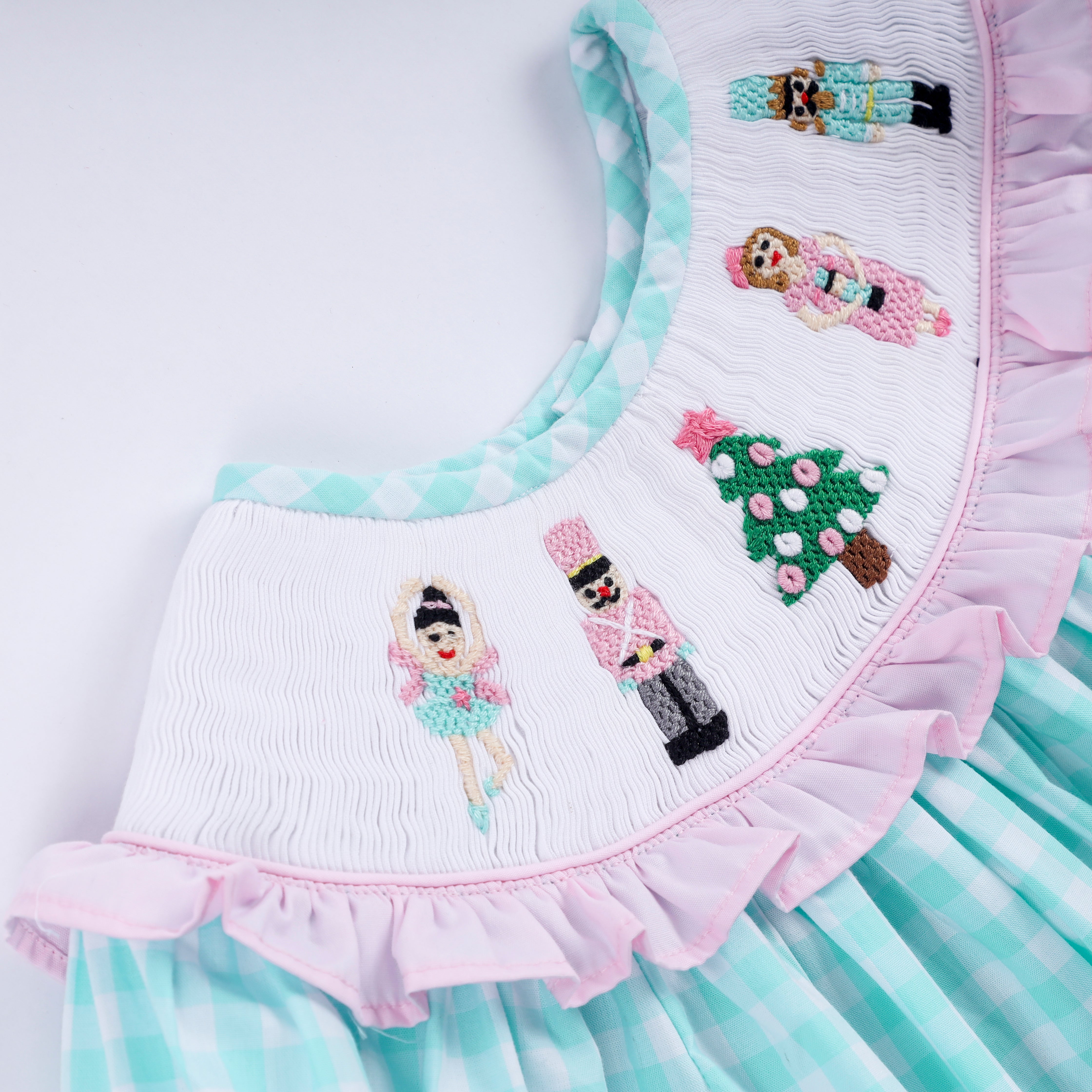 Mint christmas nutcracker hand smocked gingham ruffle pants set - Aaria Tees Aaria Tees