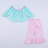 Mint christmas nutcracker hand smocked gingham ruffle pants set - Aaria Tees Aaria Tees