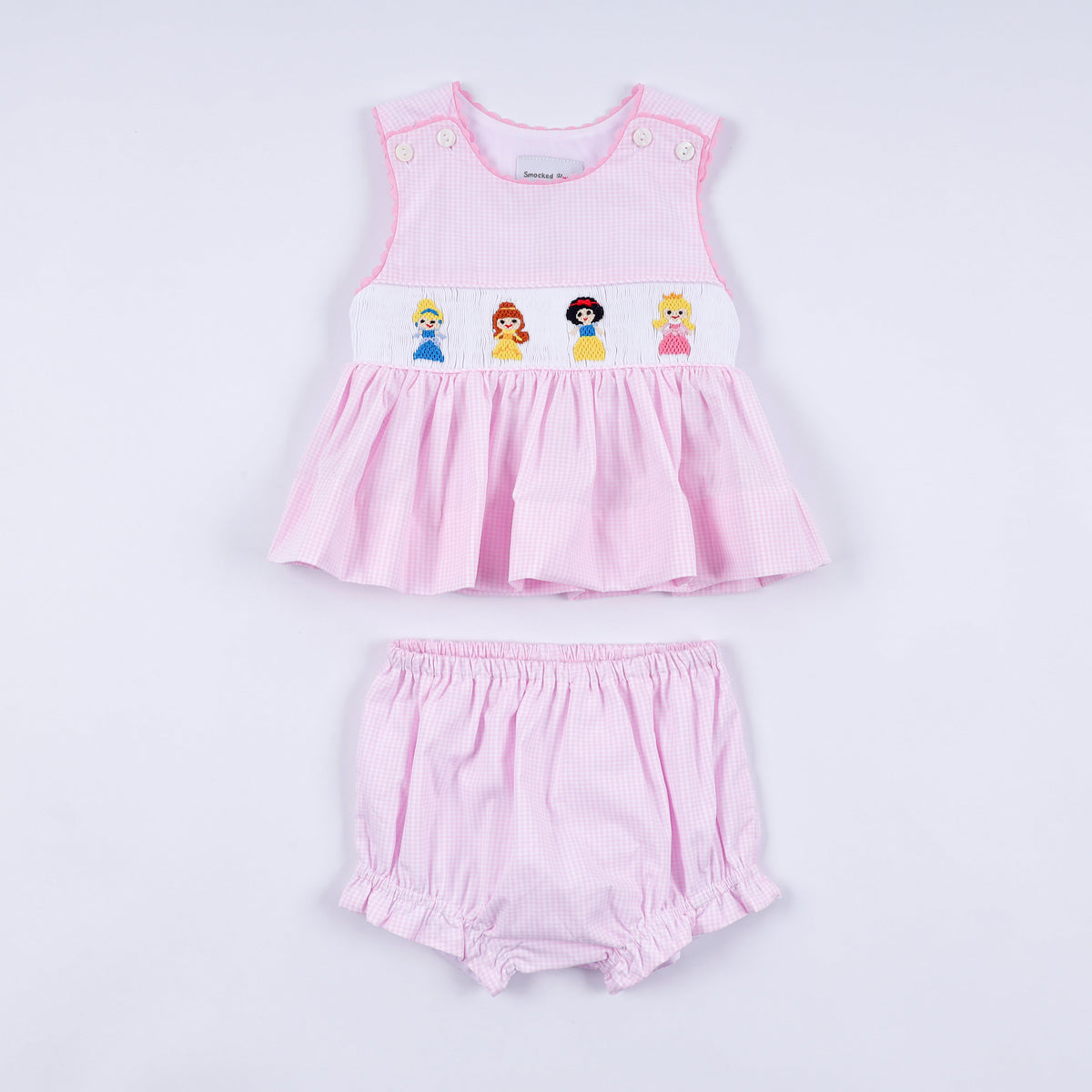 Pink princess hand smocked plaid bloomer set - Aaria Tees