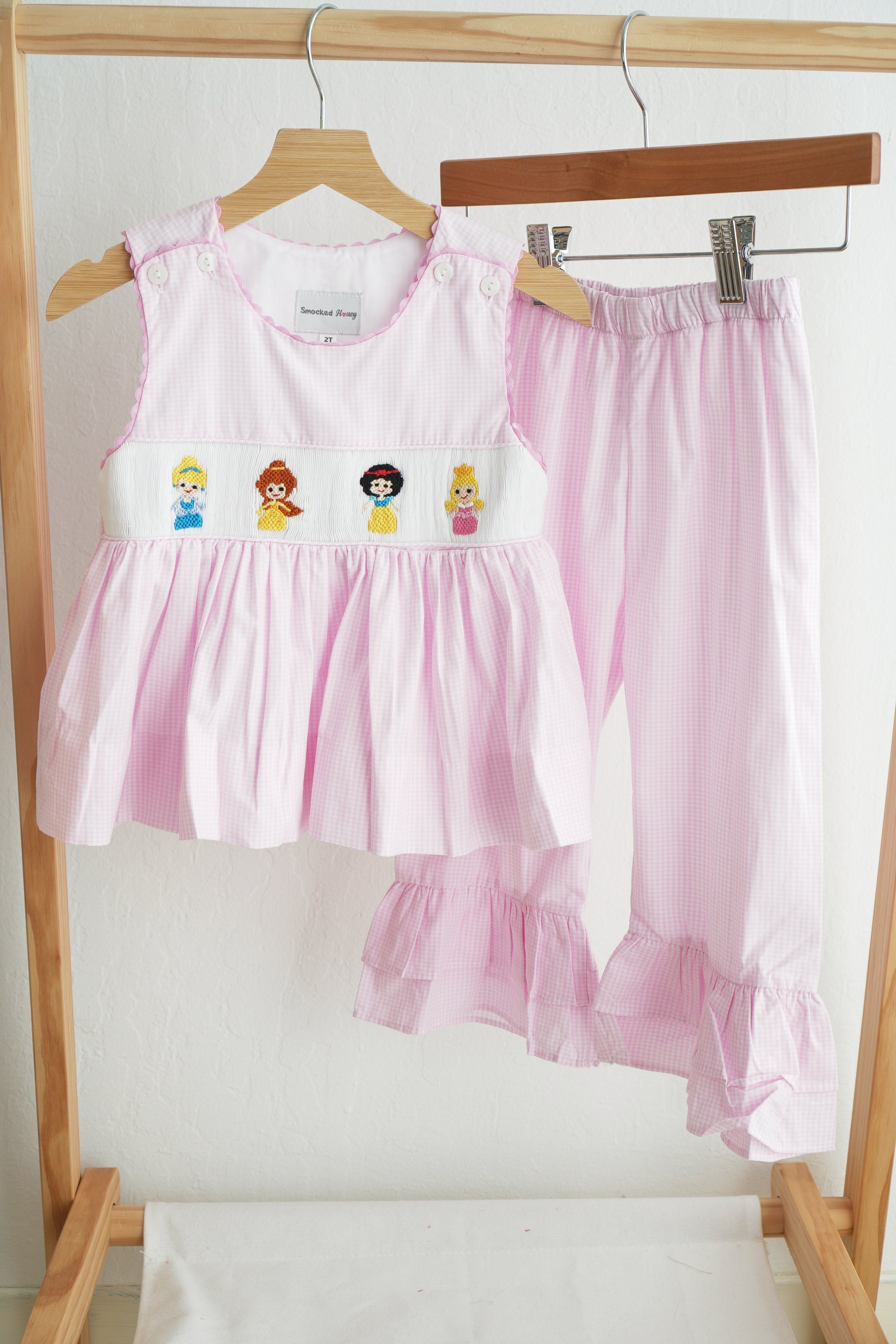 Pink princess hand smocked plaid ruffle pants set - Aaria Tees Aaria Tees