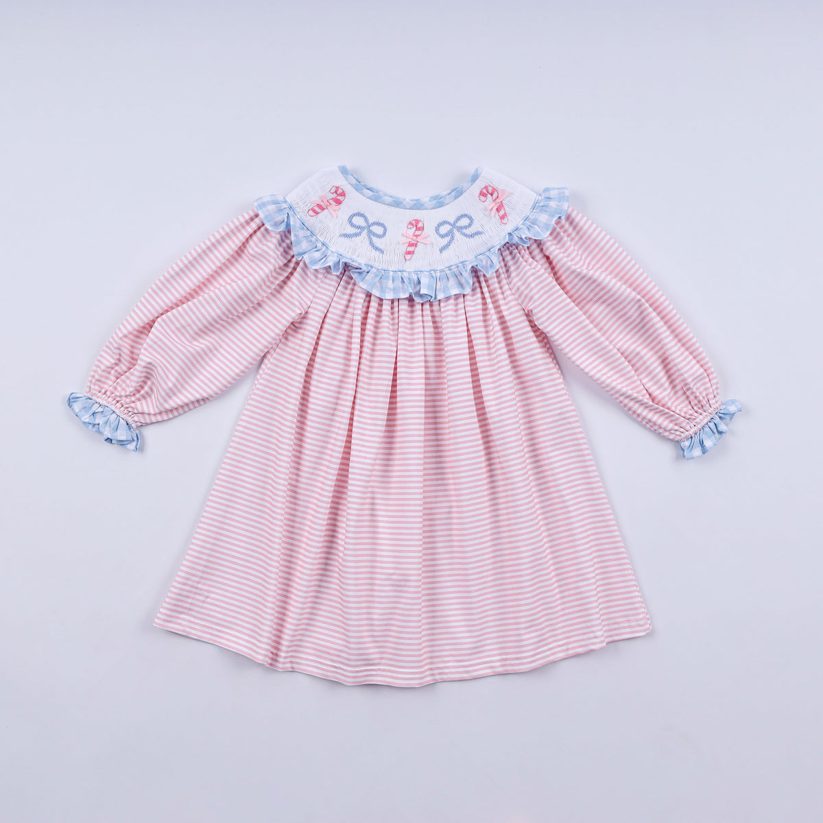 Pink candy cane bow hand smocked ruffle dress - Aaria Tees