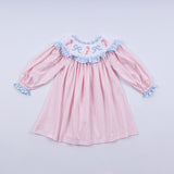 Pink candy cane bow hand smocked ruffle dress - Aaria Tees Aaria Tees
