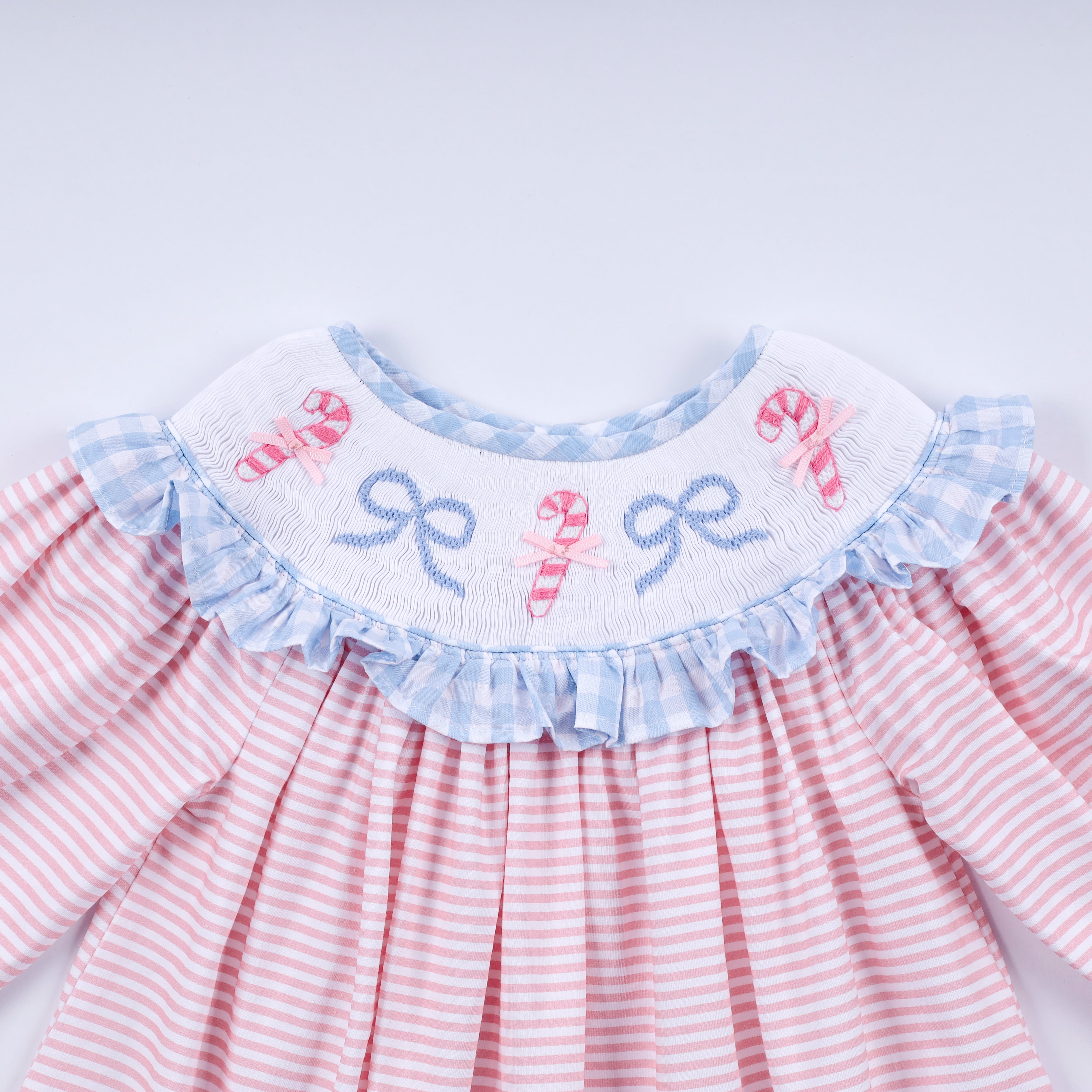Pink candy cane bow hand smocked ruffle dress - Aaria Tees Aaria Tees