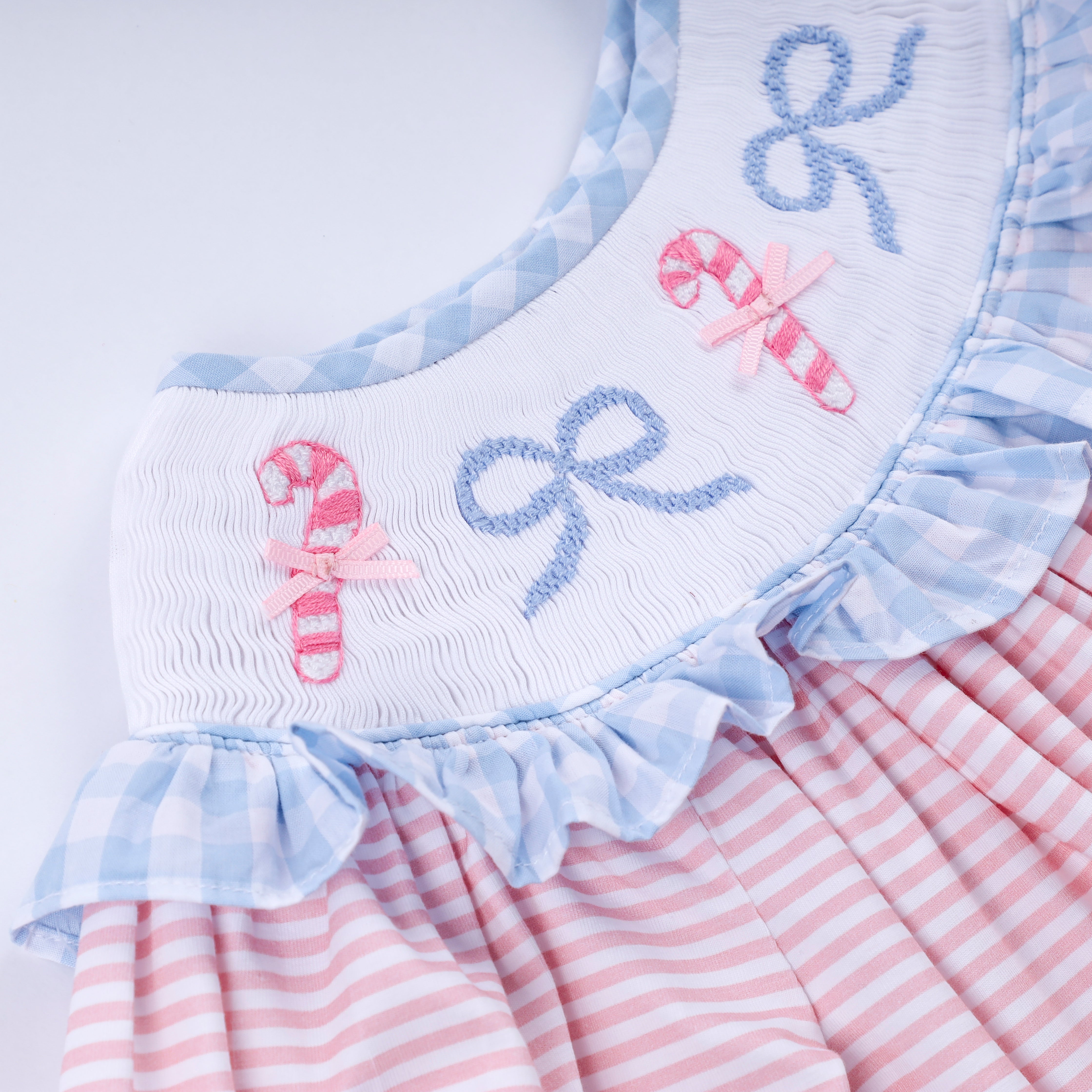 Pink candy cane bow hand smocked ruffle dress - Aaria Tees Aaria Tees