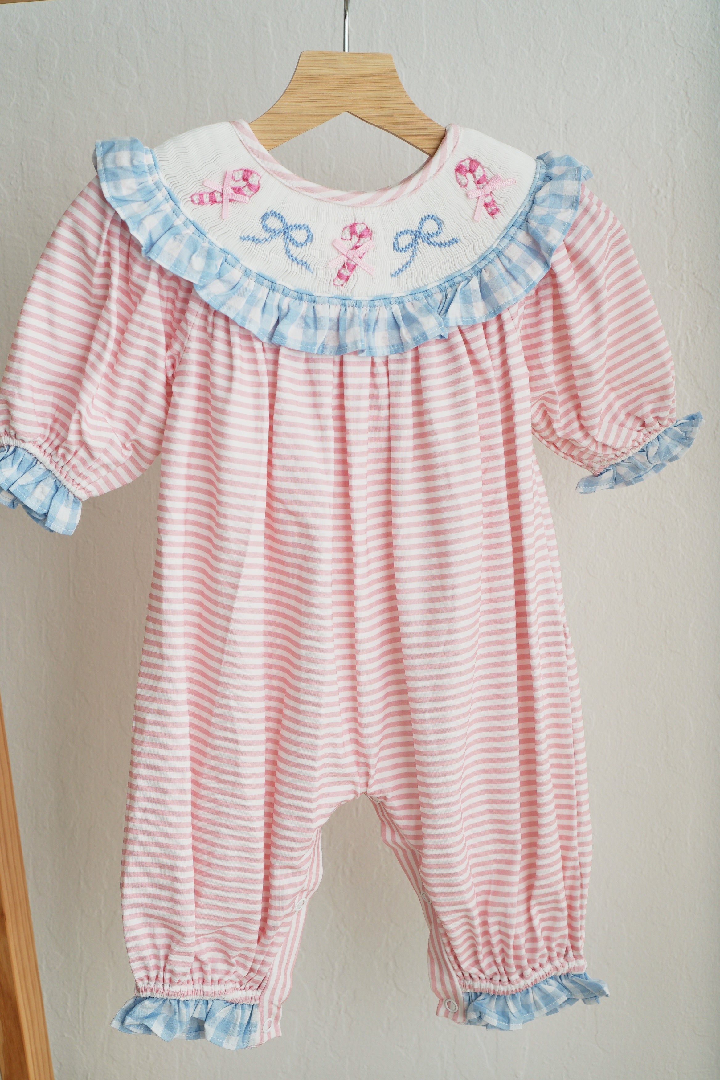 Pink candy cane bow hand smocked ruffle romper - Aaria Tees Aaria Tees